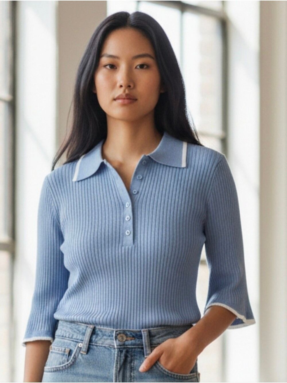 Calvin Klein Jeans Light Blue Ribbed Knit Polo Sweater #SW4